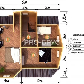 Проект дома из бруса 8 на 9 с мансардой БД-109 план второго этажа