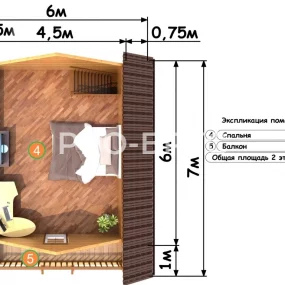 Проект дома из бруса 6 на 7 с мансардой БД-110 план второго этажа