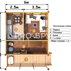 Проект дома из бруса 6 на 8 с мансардой БД-112 план первого этажа