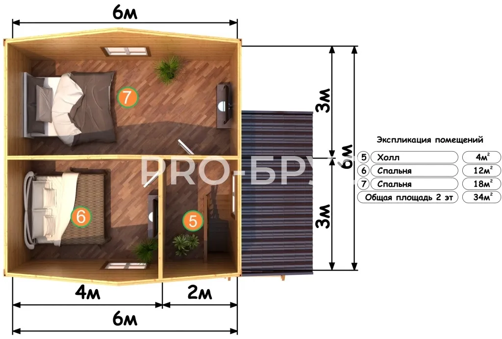 Проект дома из бруса 6 на 8 двухэтажный БД-113 план второго этажа