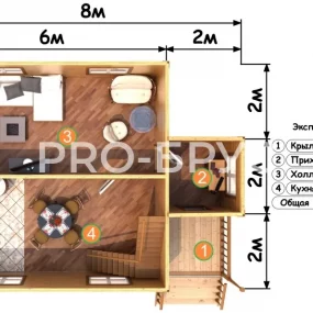 Проект дома из бруса 6 на 8 двухэтажный БД-113 план первого этажа