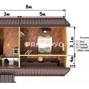 Проект дома из бруса 7 на 9 с мансардой БД-114 план второго этажа