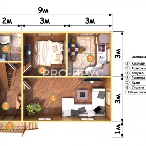 Проект дома из бруса 7 на 9 с мансардой БД-114 план первого этажа