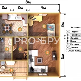 Проект дома из бруса 8 на 8 двухэтажный БД-115 план первого этажа