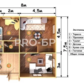 Проект дома из бруса 7 на 8 двухэтажный БД-116 план первого этажа