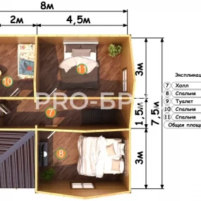 Проект дома из бруса 7 на 8 двухэтажный БД-116 план второго этажа