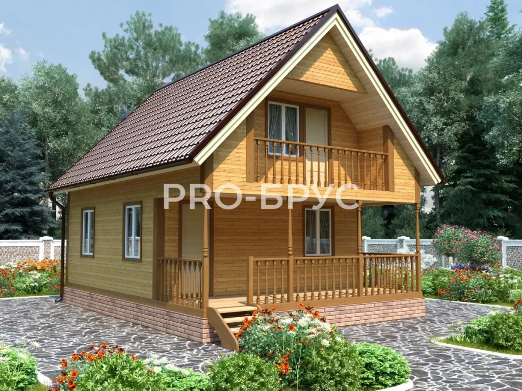 Проект дома из бруса 6 на 8 с мансардой БД-117 вид спереди