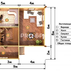 Проект дома из бруса 8 на 9 с мансардой БД-120 план первого этажа