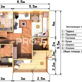 Проект дома из бруса 8 на 9 двухэтажный БД-121 план первого этажа