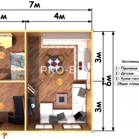 Проект дома из бруса 6 на 7 двухэтажный БД-123 план первого этажа