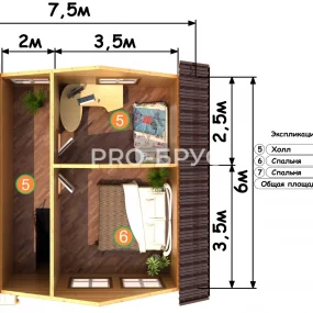 Проект дома из бруса 6 на 7 двухэтажный БД-123 план второго этажа