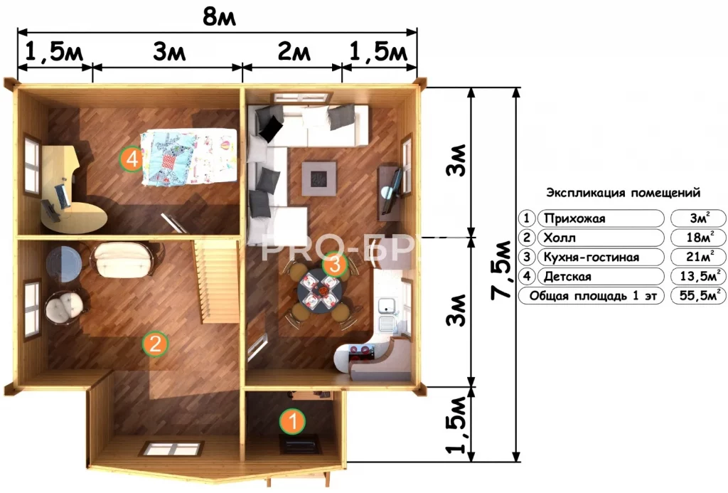 Проект дома из бруса 7 на 8 с мансардой БД-126 план первого этажа