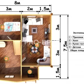Проект дома из бруса 7 на 8 с мансардой БД-126 план первого этажа