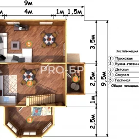 Проект дома из бруса 9 на 9 с мансардой БД-127 план первого этажа
