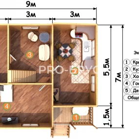 Проект дома из бруса 7 на 9 с мансардой БД-129 план первого этажа