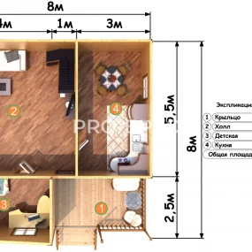 Проект дома из бруса 8 на 8 с мансардой БД-130 план первого этажа