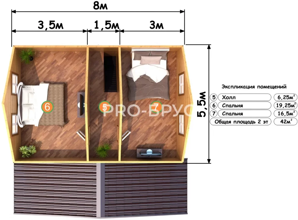 Проект дома из бруса 8 на 8 с мансардой БД-130 план второго этажа