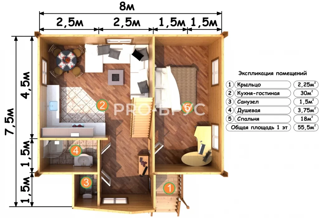 Проект дома из бруса 7 на 8 с мансардой БД-132 план первого этажа