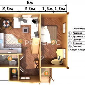 Проект дома из бруса 7 на 8 с мансардой БД-132 план первого этажа