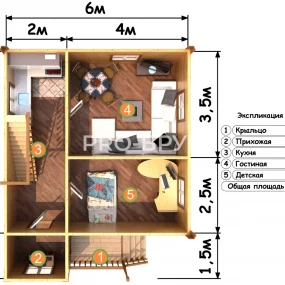 Проект дома из бруса 6 на 7 с мансардой БД-133 план первого этажа