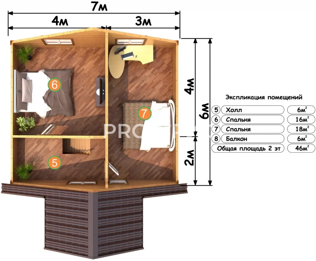Проект дома из бруса 7 на 8 с мансардой БД-135 план второго этажа