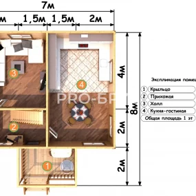 Проект дома из бруса 7 на 8 с мансардой БД-135 план первого этажа