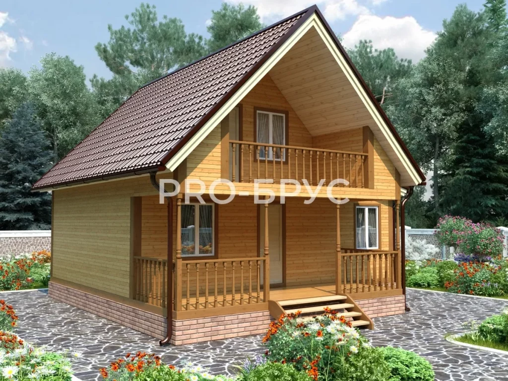 Проект дома из бруса 8 на 8 с мансардой БД-136 вид спереди