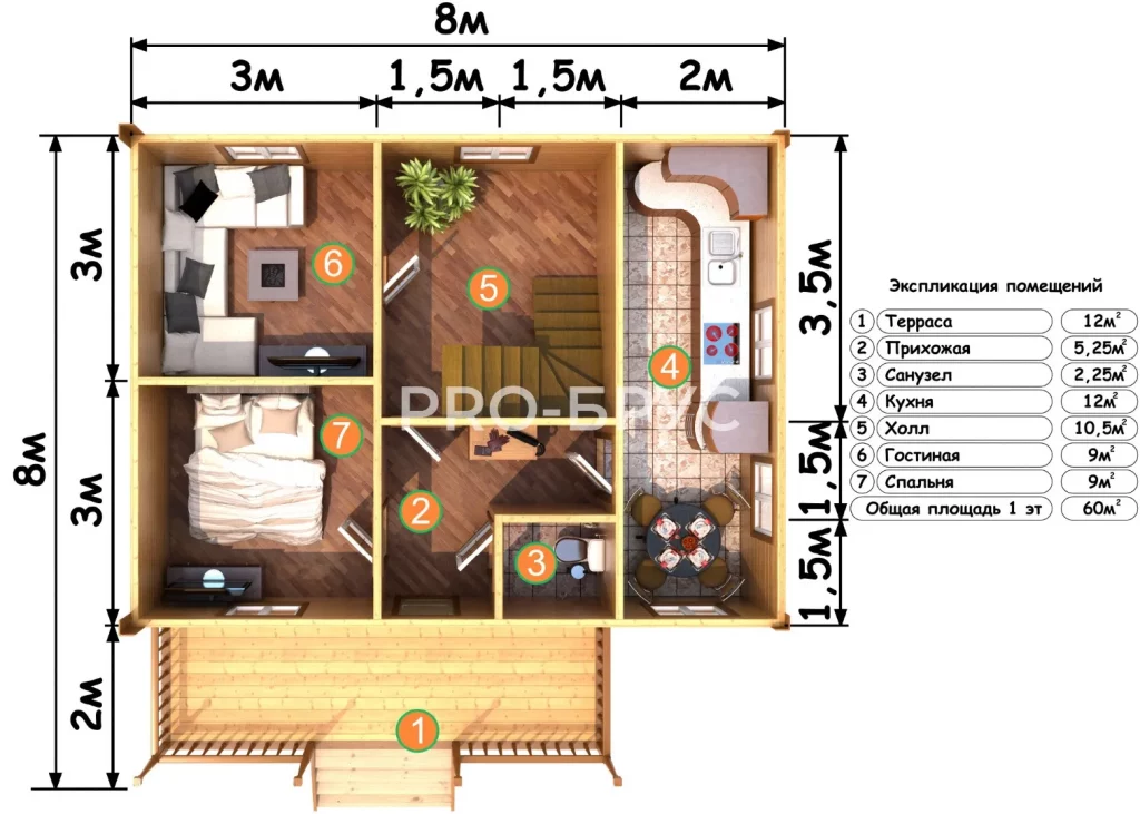 Проект дома из бруса 8 на 8 с мансардой БД-136 план первого этажа