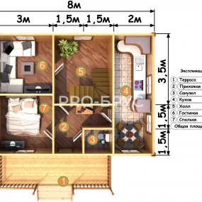 Проект дома из бруса 8 на 8 с мансардой БД-136 план первого этажа