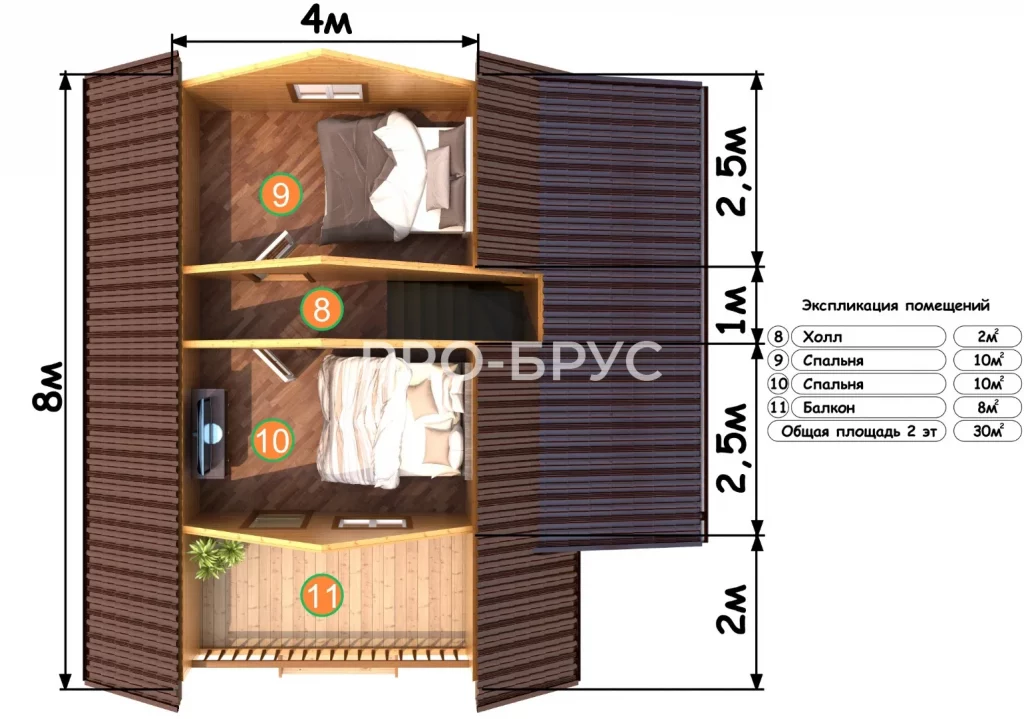 Проект дома из бруса 8 на 8 с мансардой БД-136 план второго этажа