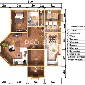 Проект дома из бруса 11 на 12 двухэтажный БД-137 план первого этажа