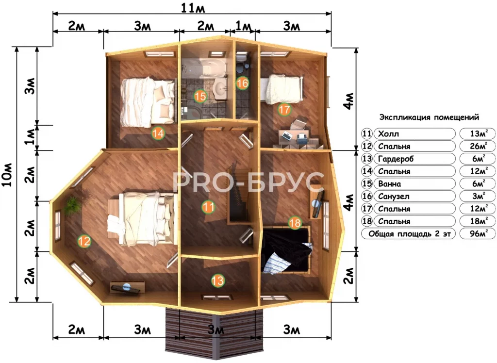 Проект дома из бруса 11 на 12 двухэтажный БД-137 план второго этажа