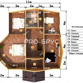 Проект дома из бруса 11 на 12 двухэтажный БД-137 план второго этажа