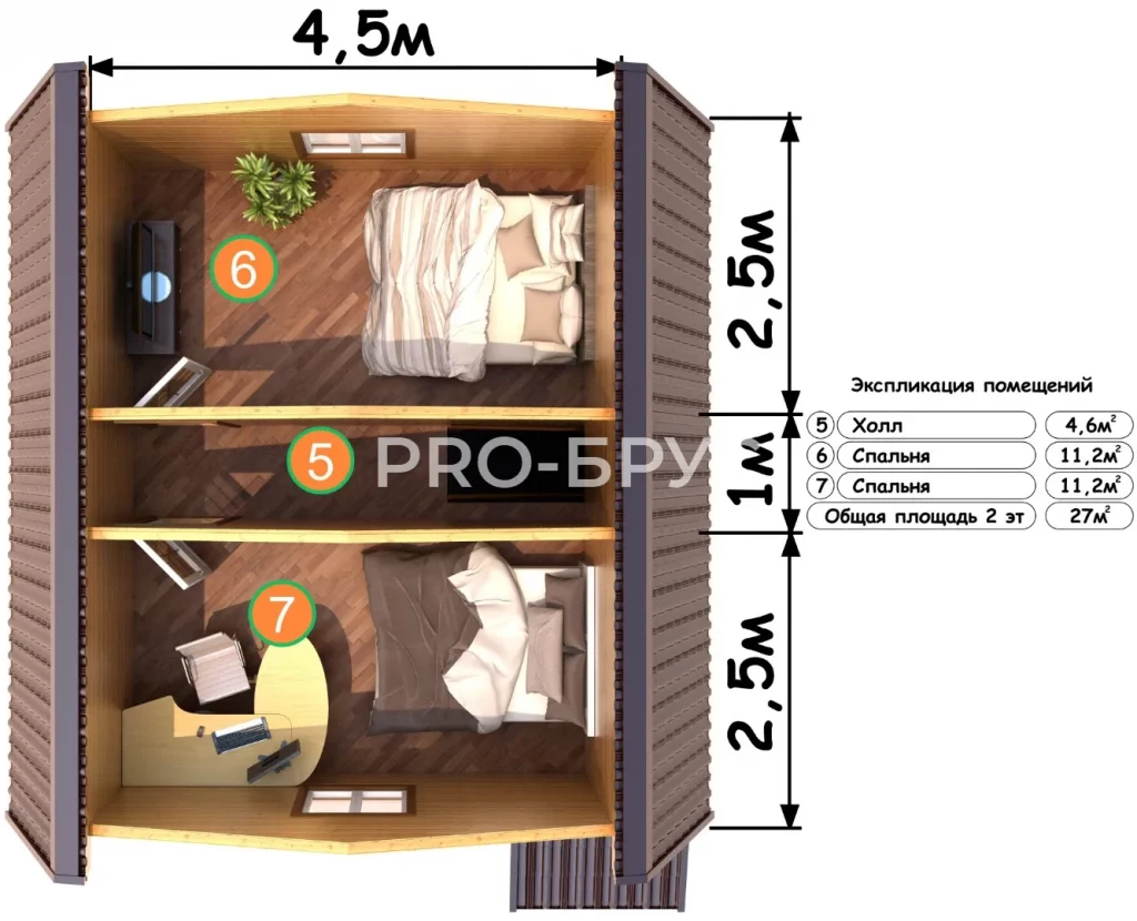 Проект дома из бруса 6 на 6 с мансардой БД-138 план второго этажа