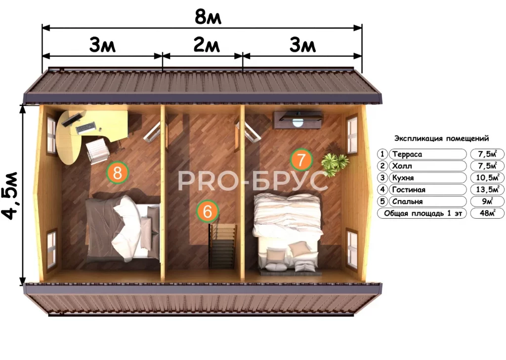 Проект дома из бруса 6 на 8 с мансардой БД-139 план второго этажа