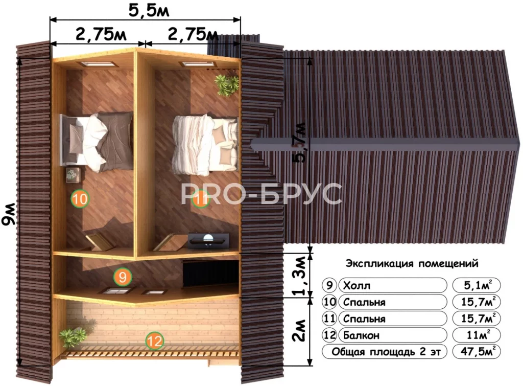 Проект дома из бруса 9 на 14 с мансардой БД-140 план второго этажа
