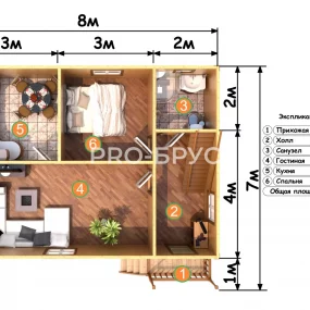 Проект дома из бруса 7 на 8 с мансардой БД-141 план первого этажа