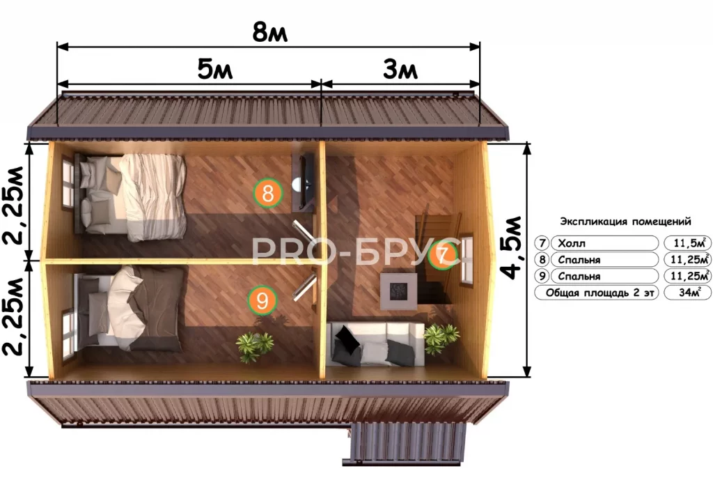 Проект дома из бруса 7 на 8 с мансардой БД-141 план второго этажа