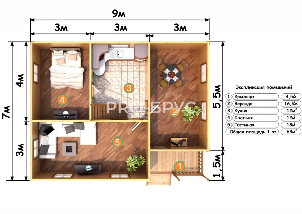 Проект дома из бруса 7 на 9 с мансардой БД-143 план первого этажа