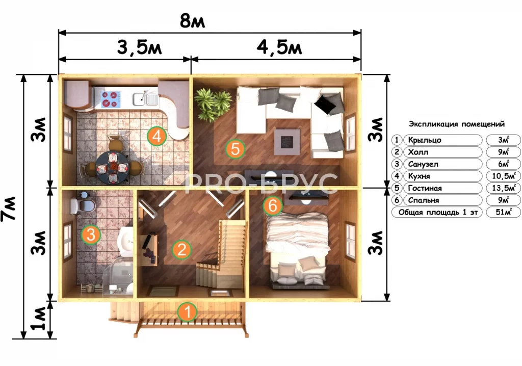 Проект дома из бруса 7 на 8 с мансардой БД-144 план первого этажа