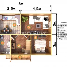 Проект дома из бруса 7 на 8 с мансардой БД-144 план первого этажа