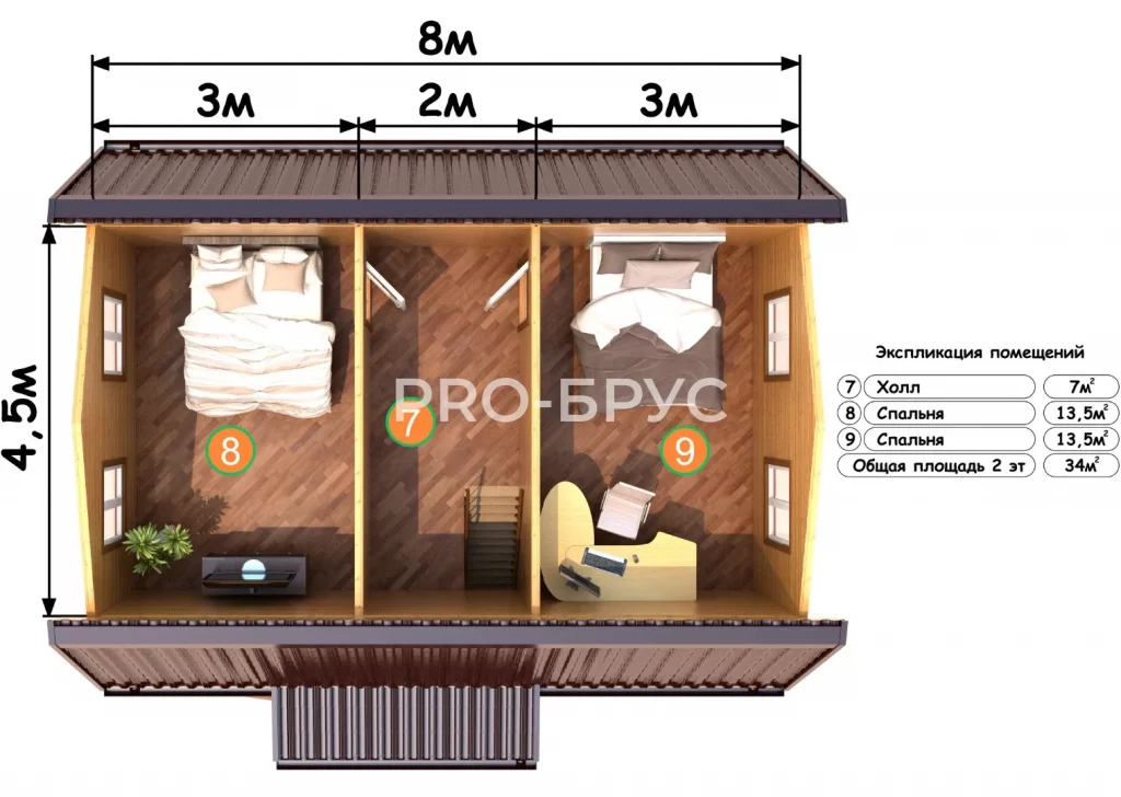 Проект дома из бруса 7 на 8 с мансардой БД-144 план второго этажа