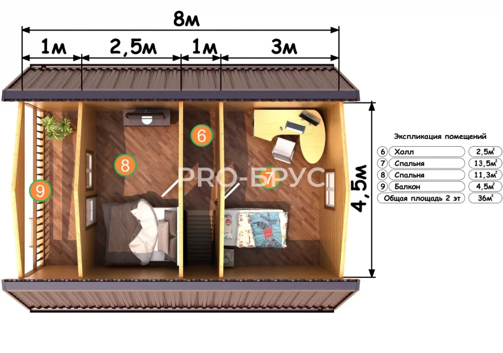 Проект дома из бруса 6 на 8 с мансардой БД-145 план второго этажа