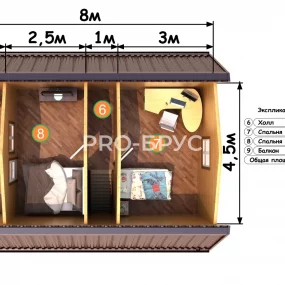 Проект дома из бруса 6 на 8 с мансардой БД-145 план второго этажа