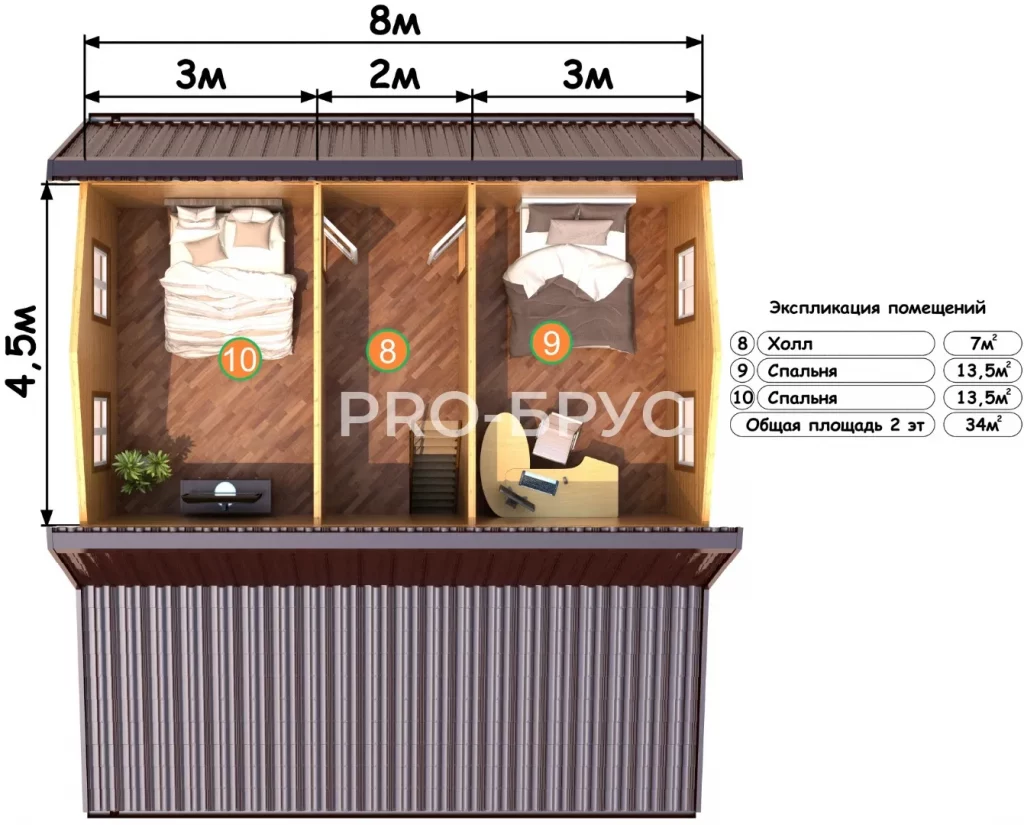 Проект дома из бруса 8 на 9 с мансардой БД-146 план второго этажа