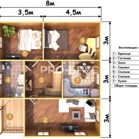 Проект дома из бруса 8 на 9 с мансардой БД-146 план первого этажа