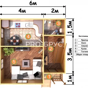 Проект дома из бруса 6 на 6 с мансардой БД-147 план первого этажа