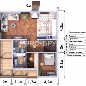 Проект дома из бруса 9 на 10 с мансардой БД-148 план первого этажа