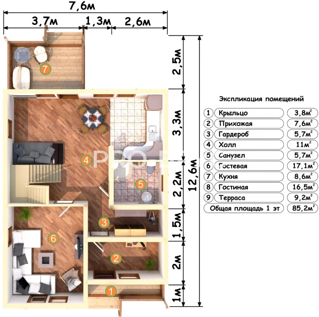 Проект дома из бруса 7 на 12 с мансардой БД-149 план первого этажа