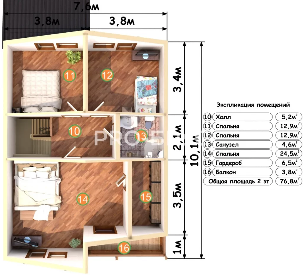 Проект дома из бруса 7 на 12 с мансардой БД-149 план второго этажа